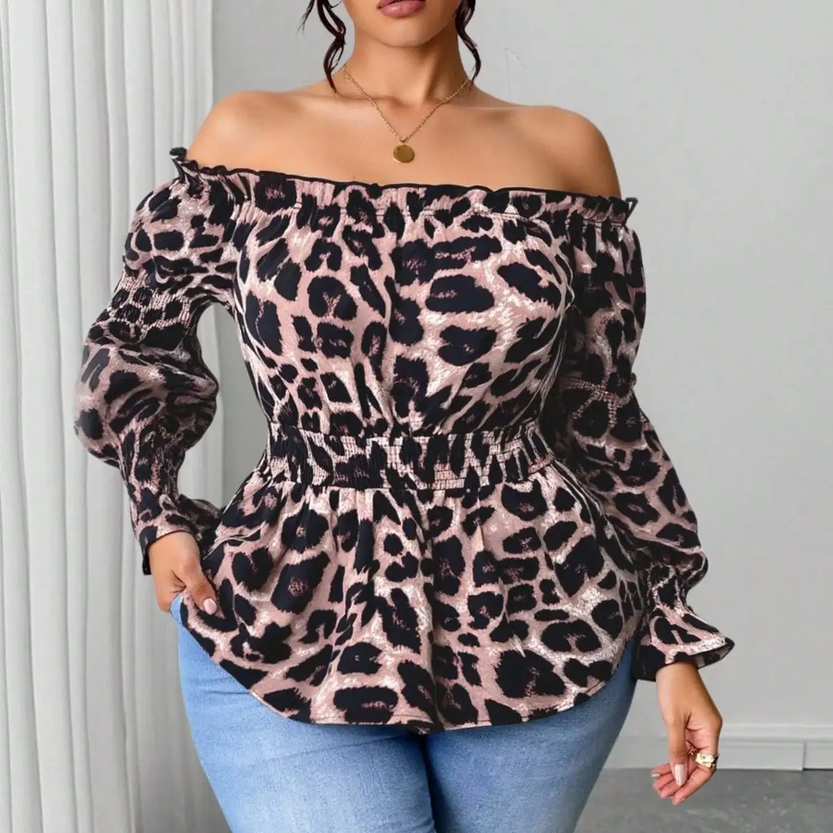 Plus Size Women Leopard Print Ruffled Off-Shoulder Long Sleeve Fashionable Blouse, Spring & Summer Peplum Top - view 3