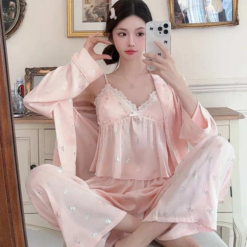 

Women Nighty Set Sleepwear Suit Satin Lace Ruffles Hem Shirt Sling Shorts Pants Nightwear Casual Loose Nightgown