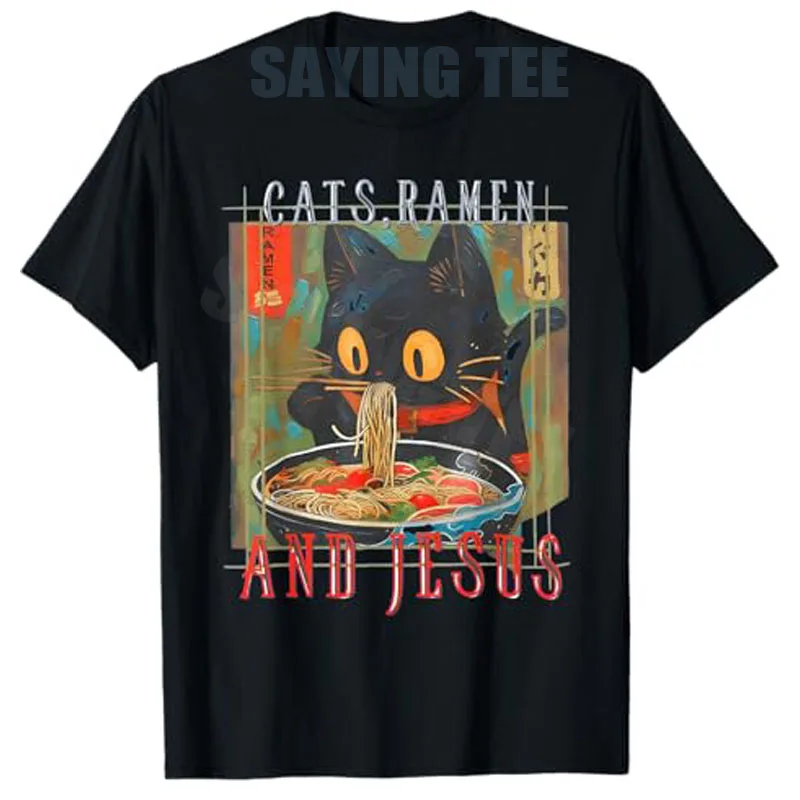 Camiseta con diseño de gato cristiano divertido, estilo Y2K, con gatito comiendo fideos, gráfico de dibujos animados y frase, ropa de fe anime