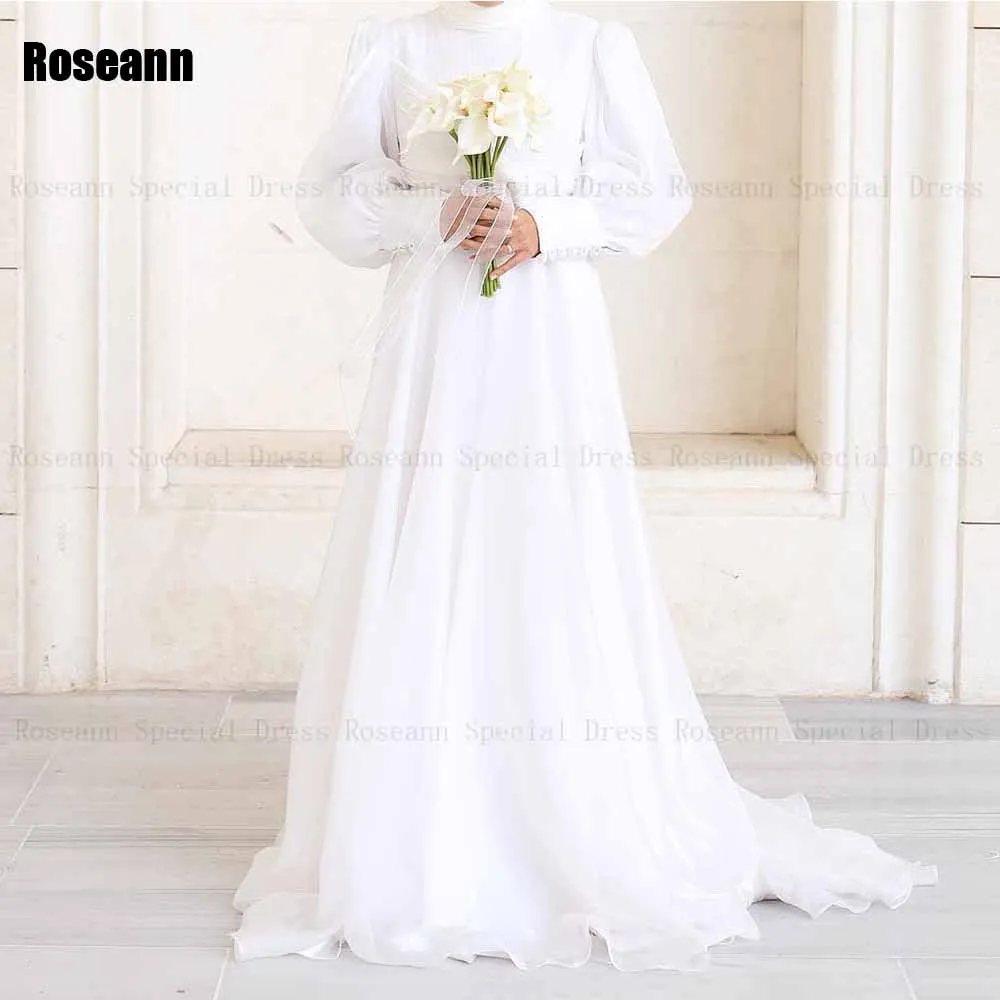 Muslim High Collar A-line Wedding Dresses Button 2024 New Brush Train Full Draped Pleat Floor Length Bride Dress robe de mariée