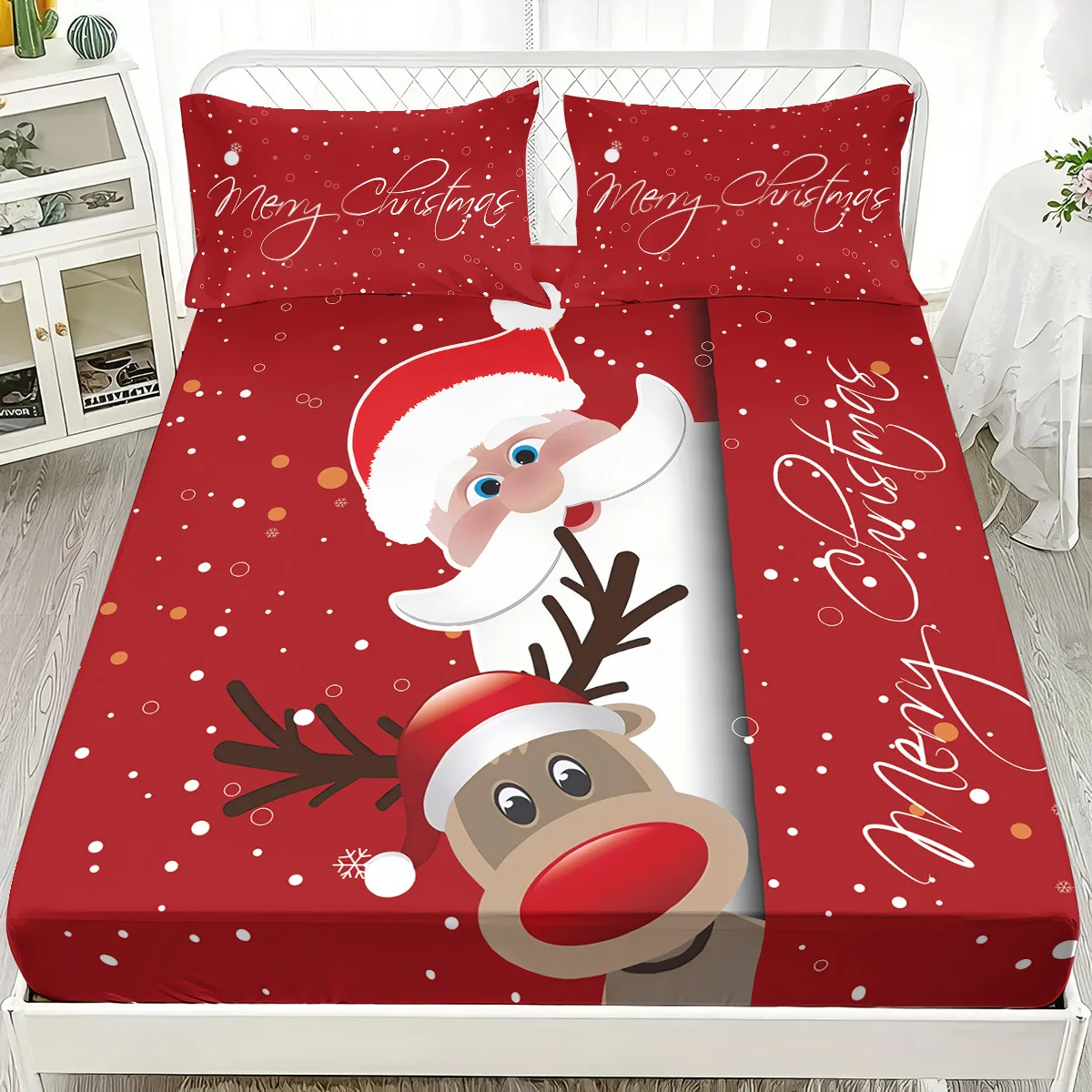 3PCS Red Christmas Fitted Set Gingerbread Santa Claus Lovely Snowman Print Polyester Machine Washable Flat Sheet for Home Decor