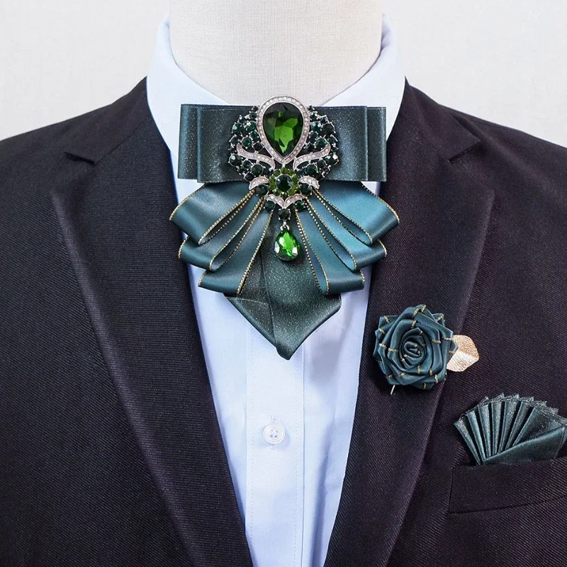 Bow Tie Brooch Set Luxury Jewelry British Business Banquet Dress Shirt Collar Flowers Men's Wedding Bow-tie Corsage 3 Pcs Sets