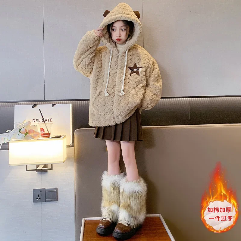 Girls Lamb Wool Coat Plus Cashmere Coat Autumn and Winter 2024 New Foreign Children Fur One Winter Korean Simple Style Clothes image 5