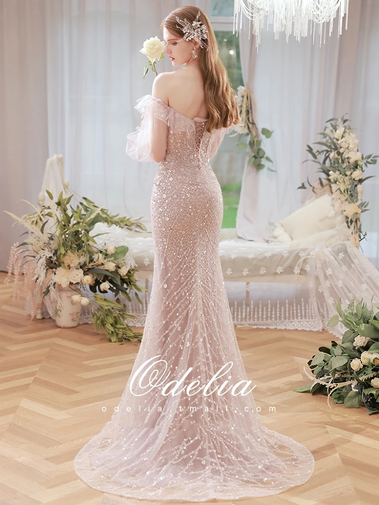 Vestido de celebridad de sirena brillante, rosa, cuello barco, purpurina, lentejuelas, manga larga, cuentas, boda, brindis, fiesta, vestido de noche