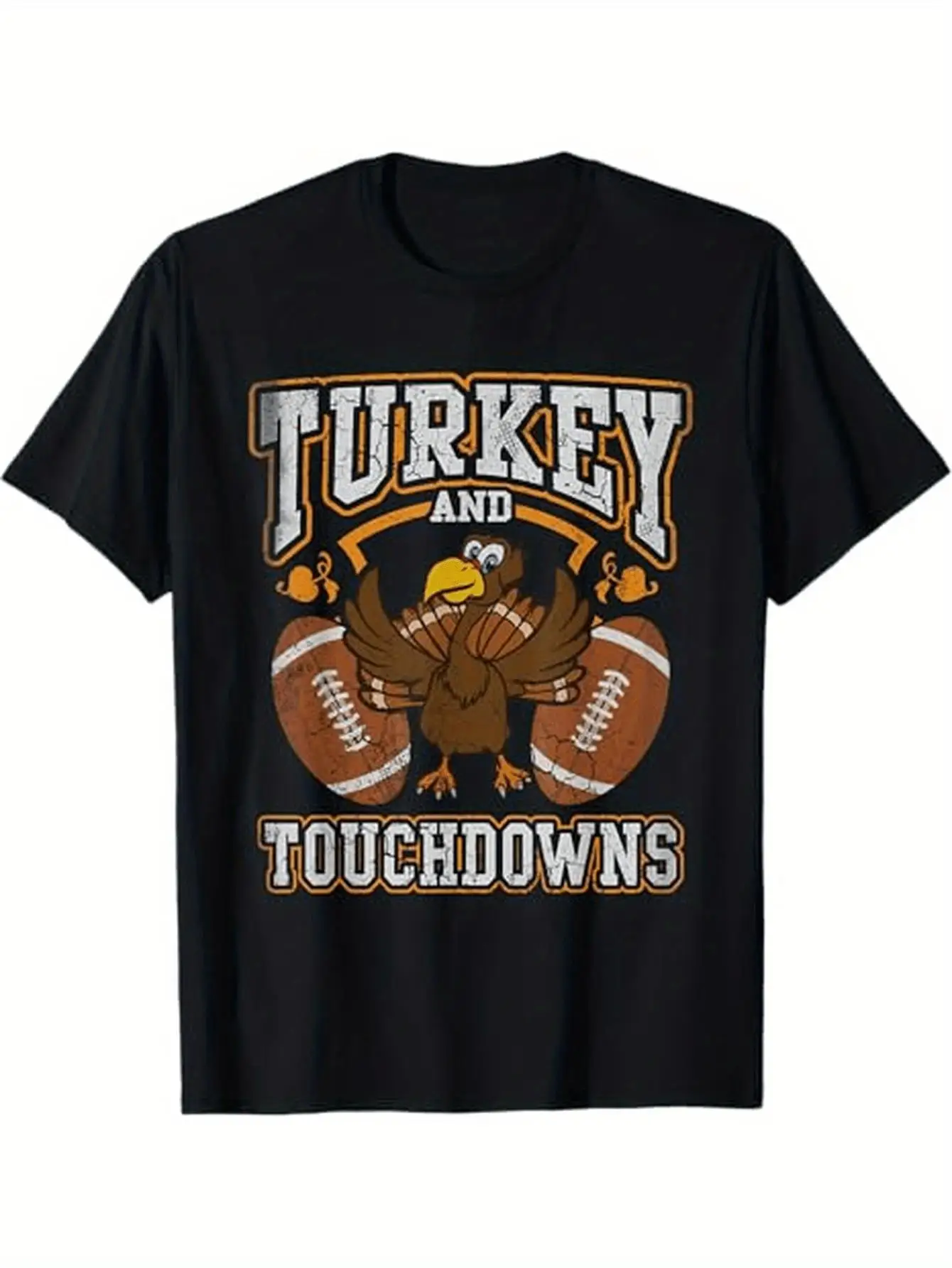 Thanksgiving Turkey And Touchdowns  Men Women Themed T-Shirt. Suitable as a Thanksgiving gift for family and friends. 100% cotton black T-shirt. S-XXXL.