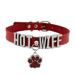 Glitter Pendant Paw Red Leather Custom Letters Collar Sexy Personalized DIY Choker Necklace Accessory Gift