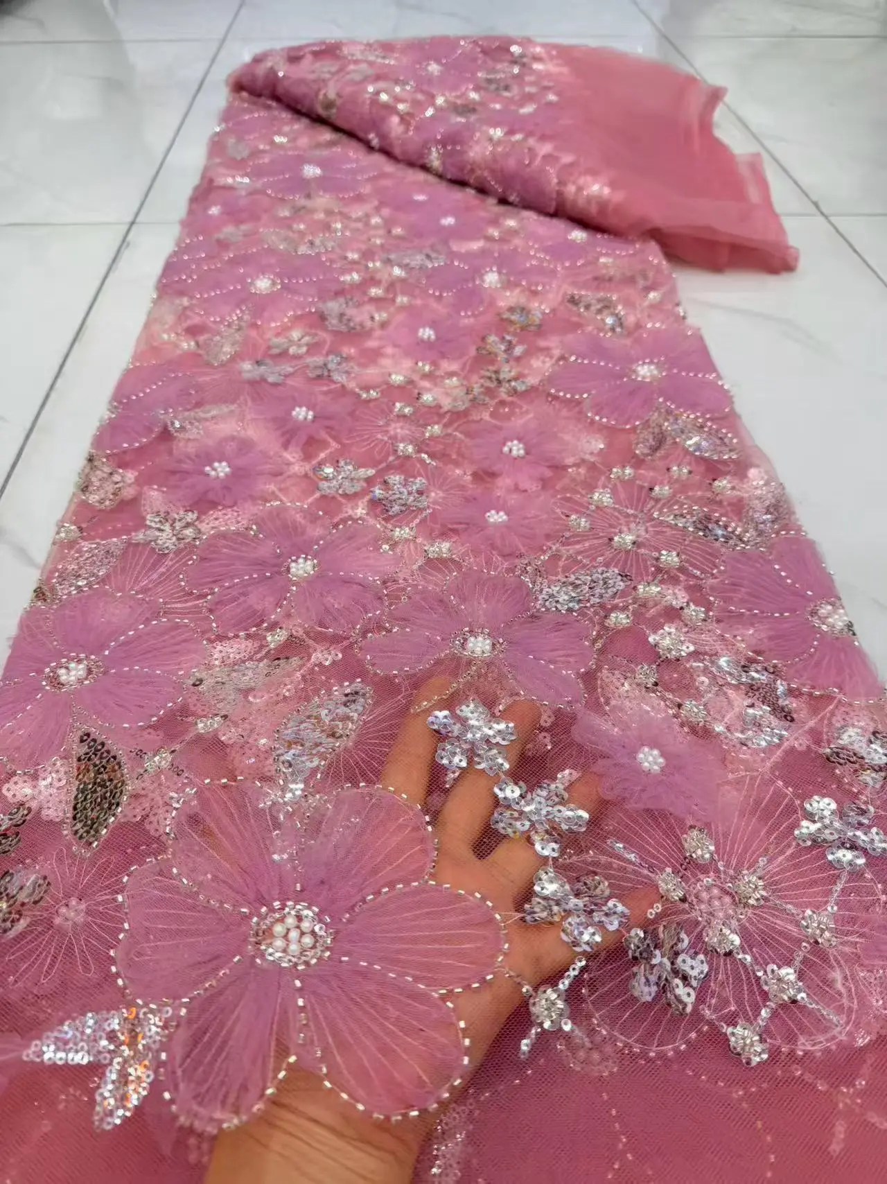 Top Grade Handcut African Nigerian Sequins Tulle Lace Fabric Sewing Net Cloth Prom Dresses Beads Embroidery High Quality DP0548