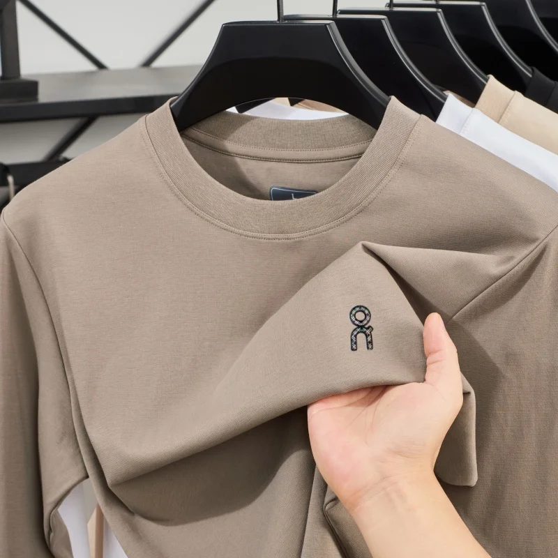 

High end brand men's round neck long sleeved seamless autumn top fashion original letter ON embroidery sports casual T-shirt