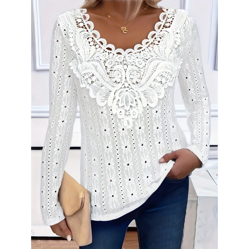 

Women'S Fashion Elegant Textured Jacquard Lace Patchwork Collar Long Sleeve-Shirt