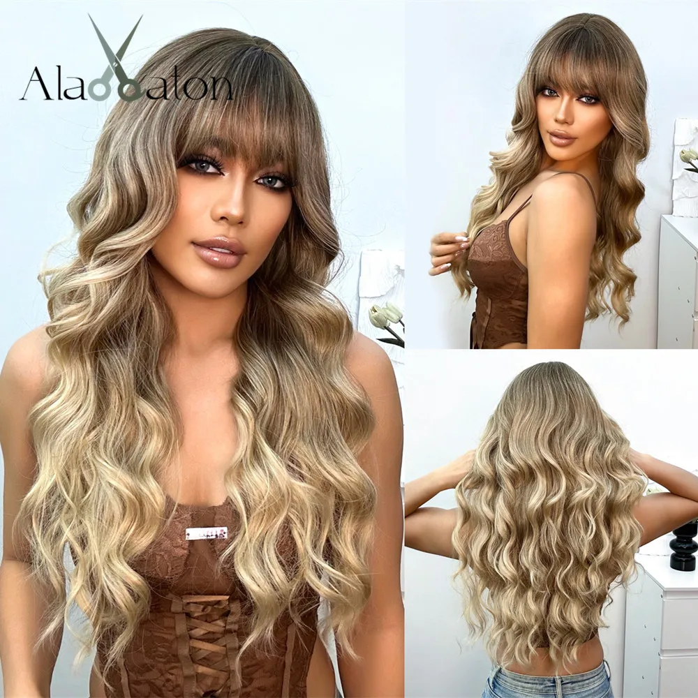 

ALAN EATON Ombre Brown Long Wavy Wigs Synthetic Wig with Bangs Mixed Brown Hair High Temperature Fiber for Women Daily Party Use