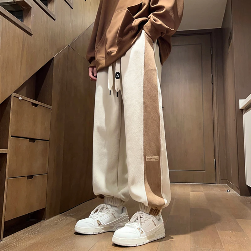 Fashion Retro Thickened Warm Men Casual Pants Winter Streetwear Hip Hop Patchwork Striped Straight Leg Male Sweatpants Trousers