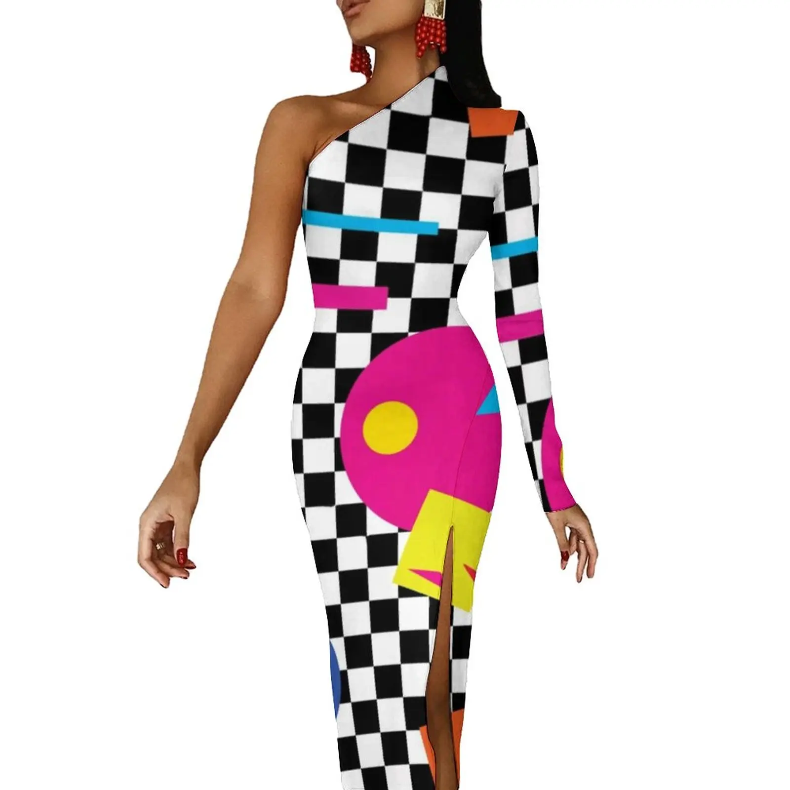 Colorful Memphis Long Dress Female Retro Shapes 1980s Party Maxi Dress Autumn Sexy Bodycon Dresses Side Split Pattern Vestidos