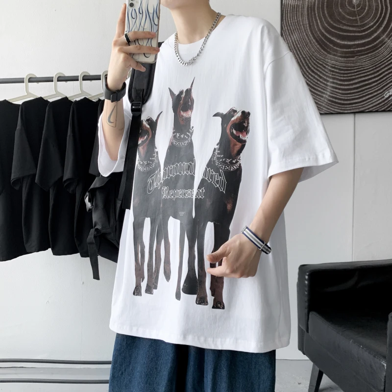 Hip Hop High Street Streetwear Tops Dobermann Printed T Shirt Men Fashion Oversized T-shirts Men Short Sleeve Tee Shirts