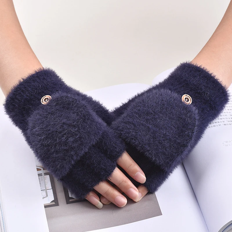 

Faux Fur Half Finger Gloves Warm Soft Plush Fingerless Knitting Mittens Women Winter Wear Christmas Gifts Flap Cover Gloves 2022