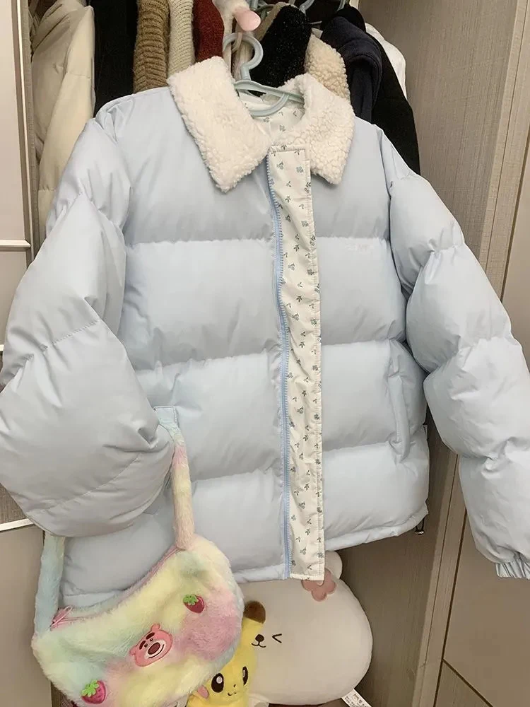 ブルーフローラルスイートパーカー女性毛皮の襟パッチワーク韓国プレッピーパフィーコート冬厚い学生かわいいジッパー長袖トップ