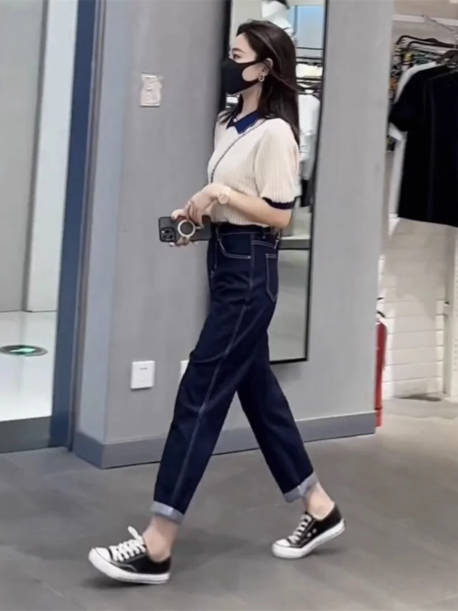 

Short Sleeve T-Shirt High Waist Thin Denim Nine-Piece Pants Set Women's Casual Slim Straight Leg Pants Fashionable Spring Sum...