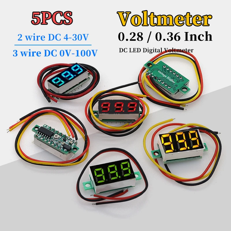 5Pcs LED Digital Voltmeter 0.28/0.36 Inch DC0-100V Voltage Meter Auto Car Mobile Power Tester