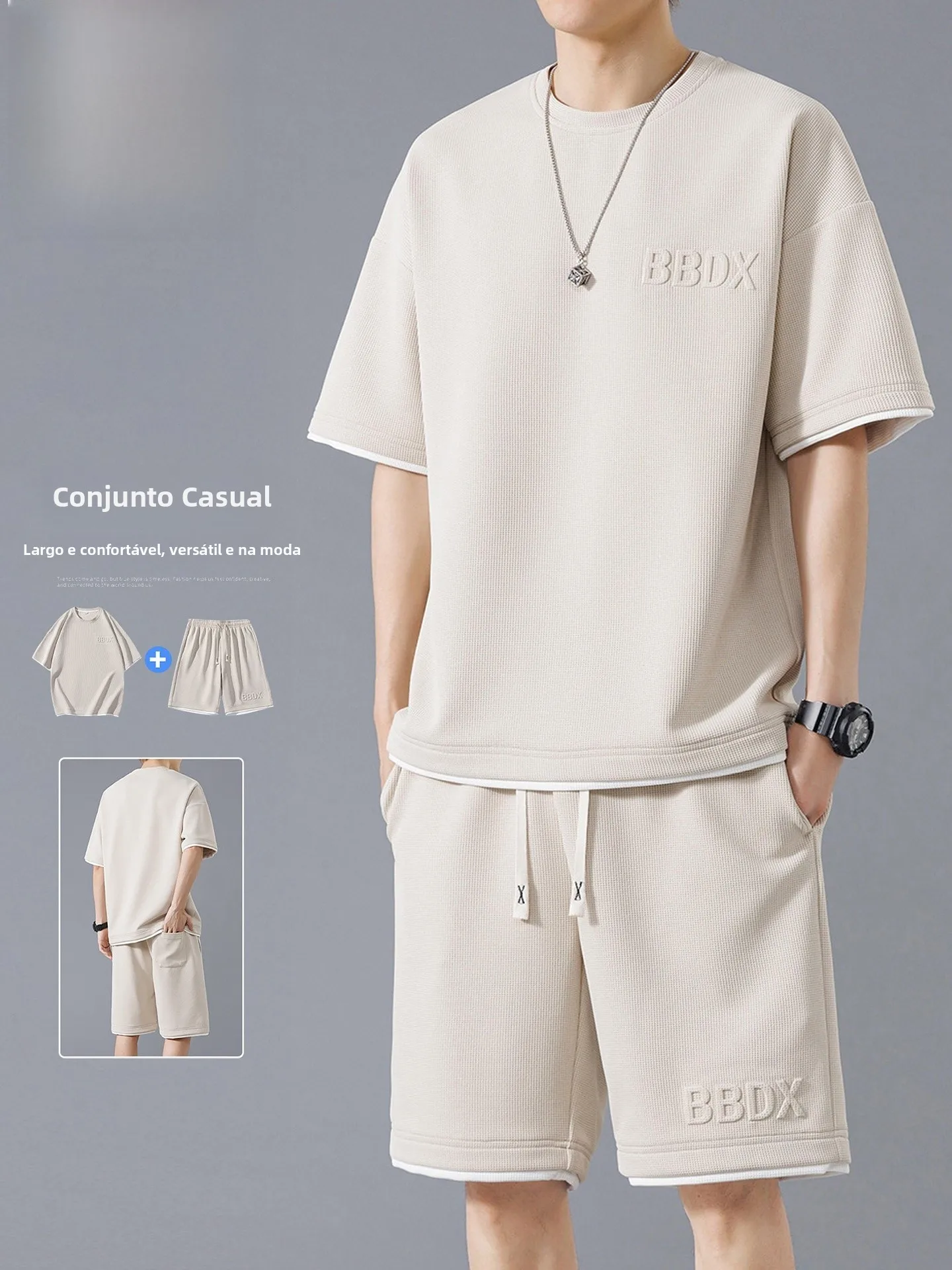 Conjunto Casual de Verão Crocodile, Camiseta de Manga Curta Fina e Shorts Esportivos para Homens Jovens, Conjunto de Duas Peç...
