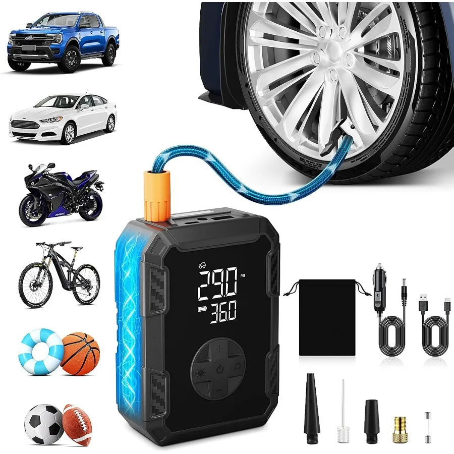 

Portable Tire Inflator with Wireless and 12V Dual Power Supply Auto Shut-Off Function Digital Display Rapid Inflation Speed Bui