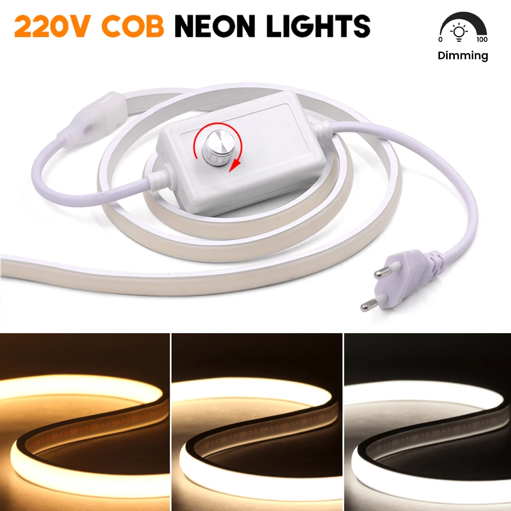 

COB LED Strip Neon Light with EU Dimmer Plug 220V 288Leds/m Waterproof Flexible LED Tape Silicone Tube Rope Kitchen Bedroom Lamp