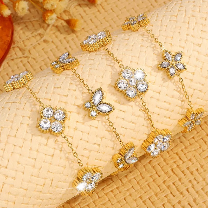 316L Stainless Steel Diamond Four Leaf Clover Bracelet For Women Girl Trend Butterfly Five-Leaf Flower Non-Fading Jewelry Gifts