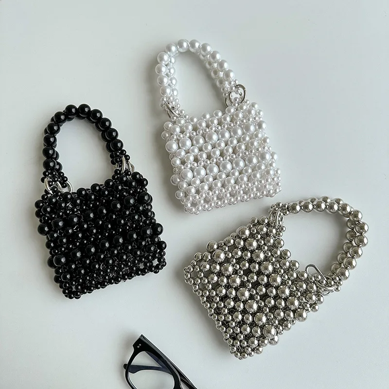 

Hollow Out Mini Purses for Ladies Original Handwoven Round Acrylic Beaded Long Metal Chain Purses Summer Evening Party Wallets