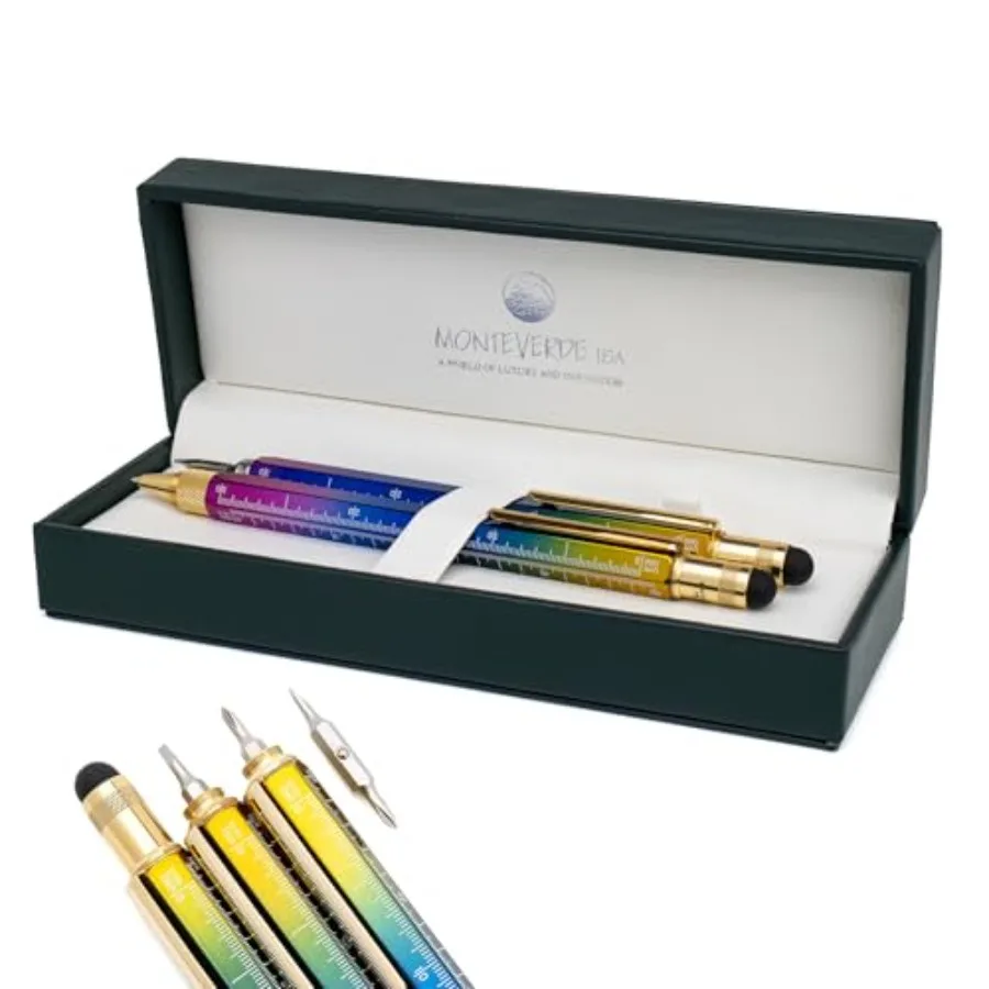 

USA Tool Pen Set Rainbow Fountain Pen Medium Nib + Ballpoint with Standard Blue Refill Luxury Writing Gift for Collectors Profe
