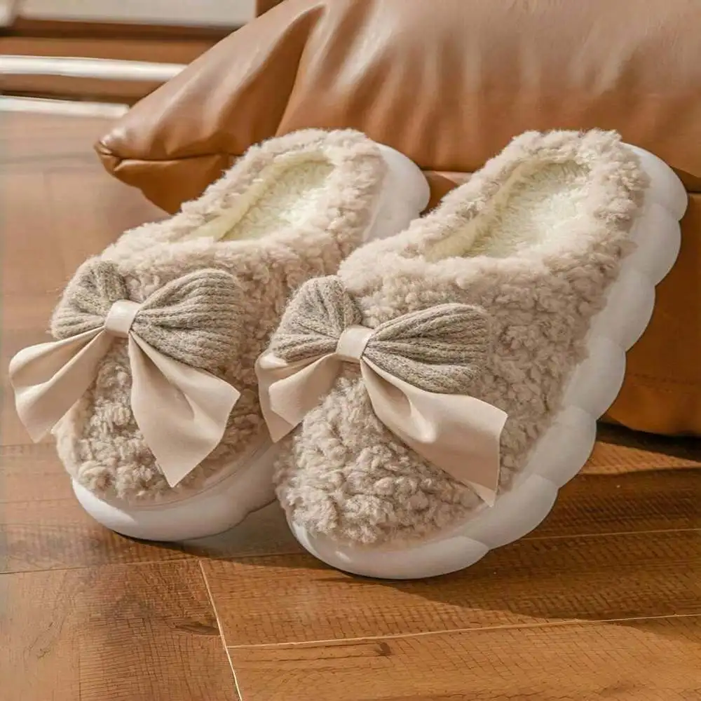 

Warm Comfortable Women Home Shoes Bowknot Decor Indoor Soft House Slippers
