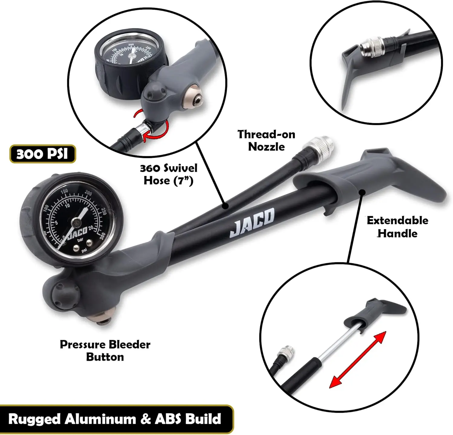 مضخة الصدمات JACO ShockPro MTB - شوكة هوائية/مضخة صدمات للدراجة الجبلية ذات ضغط عالي - 300 رطل لكل بوصة مربعة #3