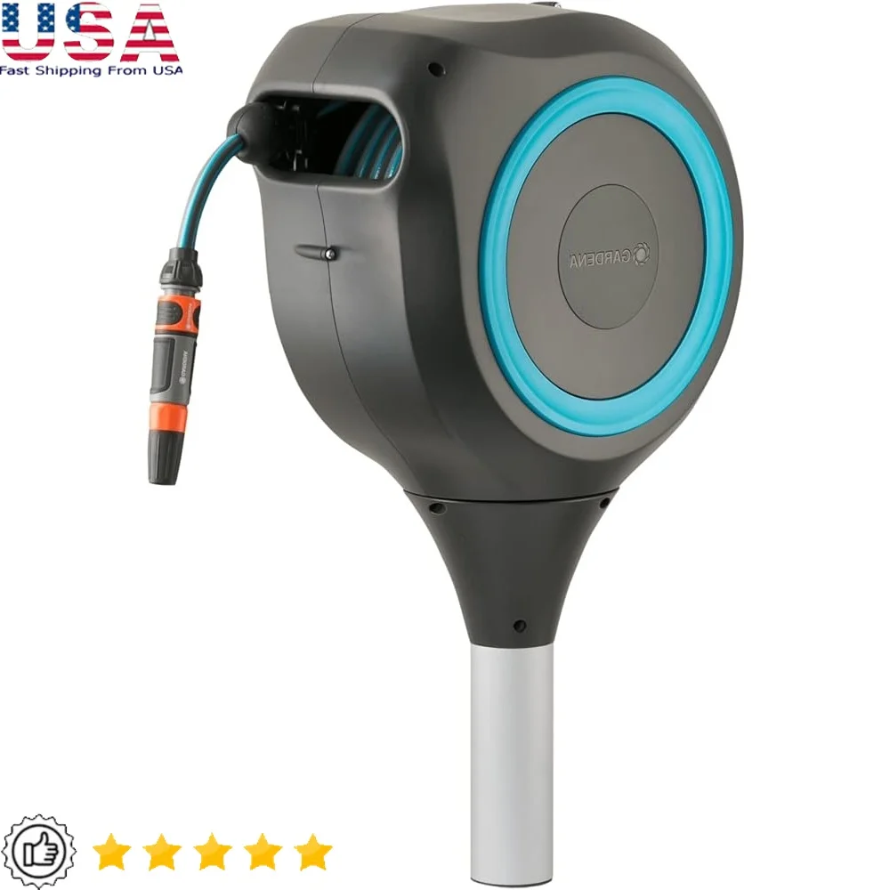 

Automatic Retractable Garden Hose Reel 66ft Metal Spike Mounted Hose Storage 360 Degree Rotation RollControl Technology Flexible