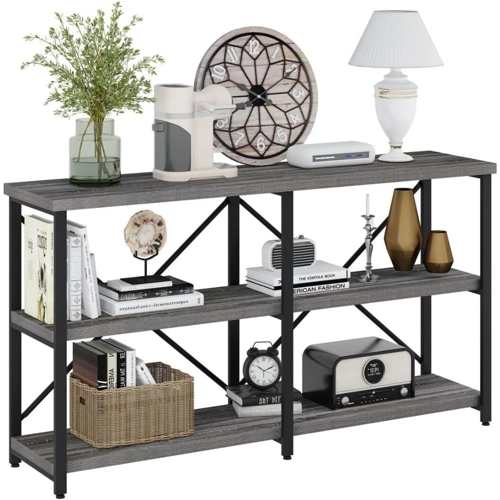 Bookshelf,Rural style long bookshelf behind the sofa, dark grey oak, 3-layer storage rack，Bookshelf.