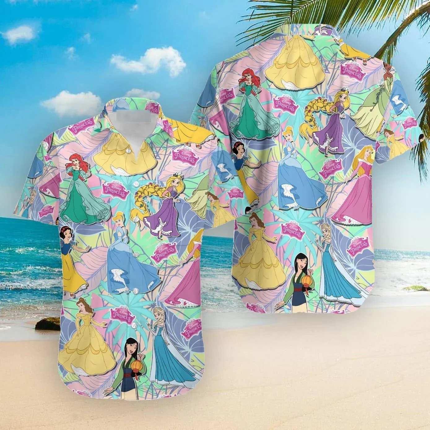 

2024 Disney Princess Hawaiian Shirt Men Women Summer Short Sleeve Button Up Shirt Disney Hawaiian Shirt Casual Beach Shirt