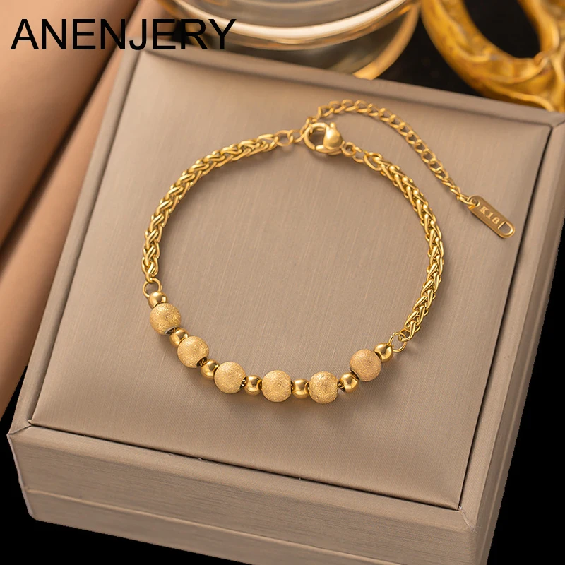 ANENJERY 316L Stainless Steel Simple Beads Chain Bracelet Female Classical Festive Party Jewelry Gift