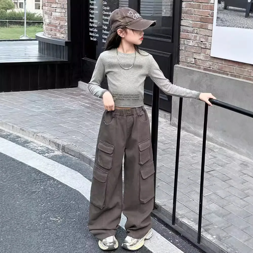 Girls Suit 2024 Autumn New Childrens Clothes Girls Baby Foreign Style Ink-jet Top Cargo Pants Two-piece Fashion Casual Simple