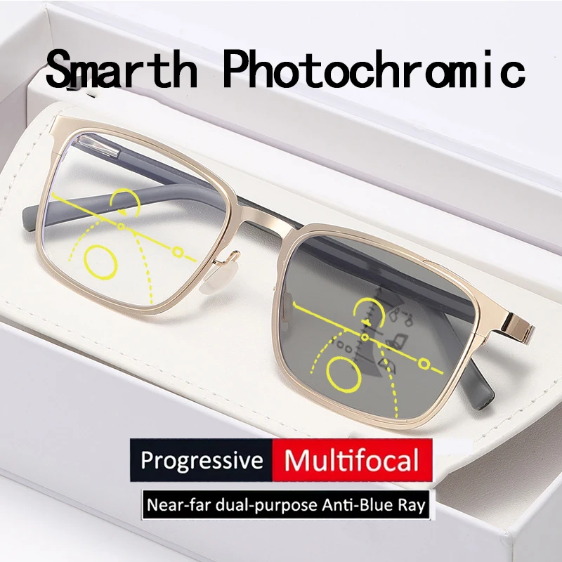 Gafas de Lectura Multifocales con Lentes Fotocromáticas, Gafas de Negocios de Montura Completa, Gafas de Lectura Ultraligeras 8405