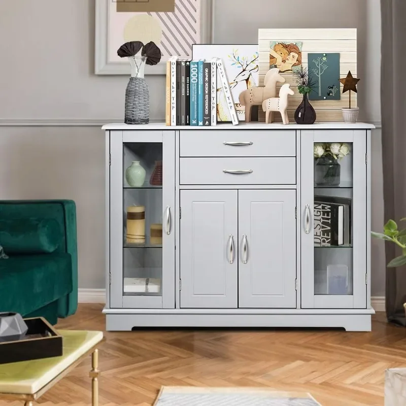 Sideboard Buffet Server Storage Cabinet W/ 2 Drawers, 3 Cabinets and Glass Doors for Kitchen Dining Room Furniture Cupboard