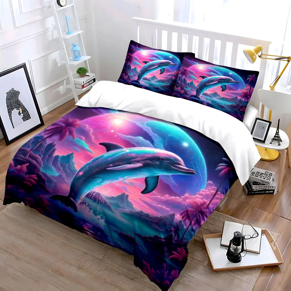 Dreamy Dolphin and Vibrant Sky Bedding Set for Kids Luxury Gift 3pcs Digital Print Comforter Set Soft Comfortable Breathable