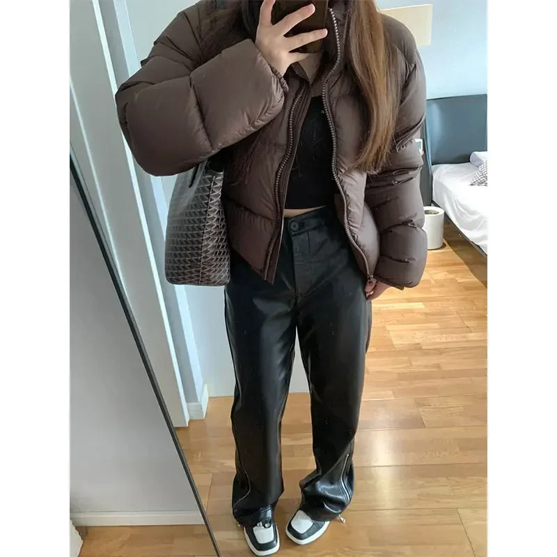 Feminino casual quente grosso gola para baixo jaquetas manga longa parka sólido acolchoado casaco curto outerwear zíper inverno