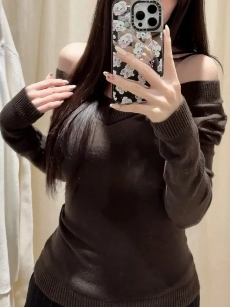 Camisetas de manga larga de punto Retro marrón para mujer, camisetas ajustadas de algodón simples y sexis con cuello en V, camisetas Vintage dulces que combinan con todo, jersey