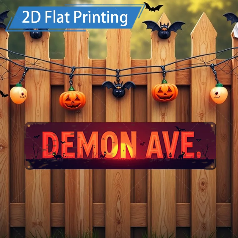 1 قطعة علامة معدنية، 4x16 بوصة علامة الهالوين شيطان Ave طباعة مسطحة ريترو شارع ديكور فني
