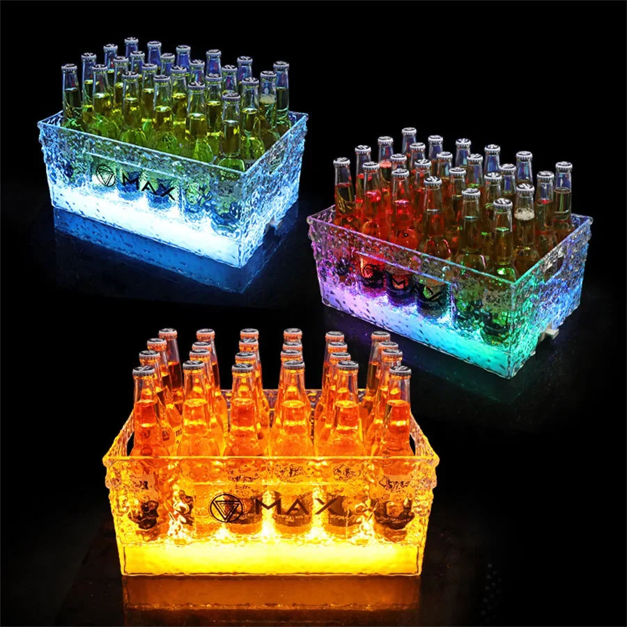 Rechargeable 24 Bottles LED Ice Bucket Clea Plastic RGB Color Changing Cooler Bucket Party Bar KTV Club Wine Beer Decor Holder