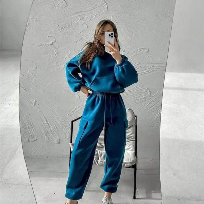 

Casual Sports Tracksuit With Zipper Sets Women Autumn Solid Color Oversize Pockets Hooded Drawstring Long Pants Two Piece Set