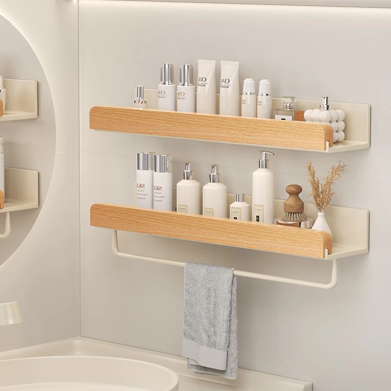 Wood and Aluminum Bathroom Shelf Shampoo Makeup Storage Holder Accessories Kitchen Condiment Storage Shelves Bath Accessories