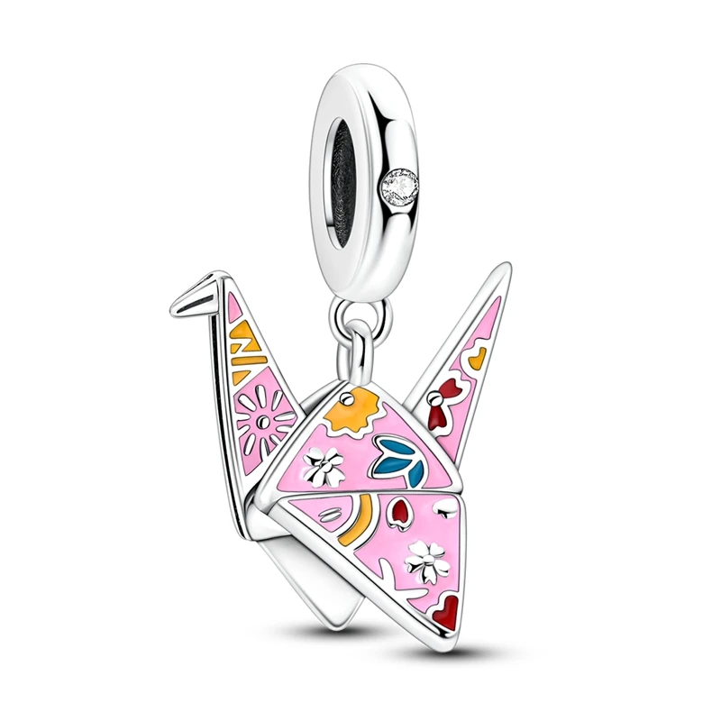 Plated 925 Silver Origami Crane Pink Charms Bead Fit 925 Charms Bracelet Beads Hopeful Peaceful Blessings Jewelry Gift for Women