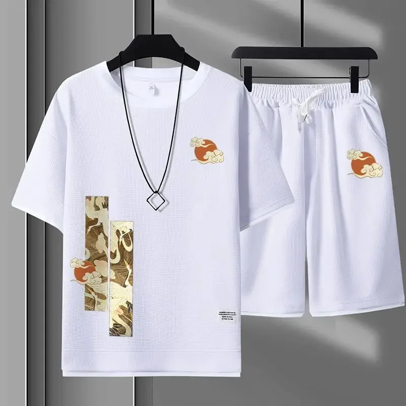 

Nylon T-shirts Shorts Suits for Men Vest Graphic Print Oversized Alphabet Two Piece Set Korean Style 2025 Essential Tee Man Sets