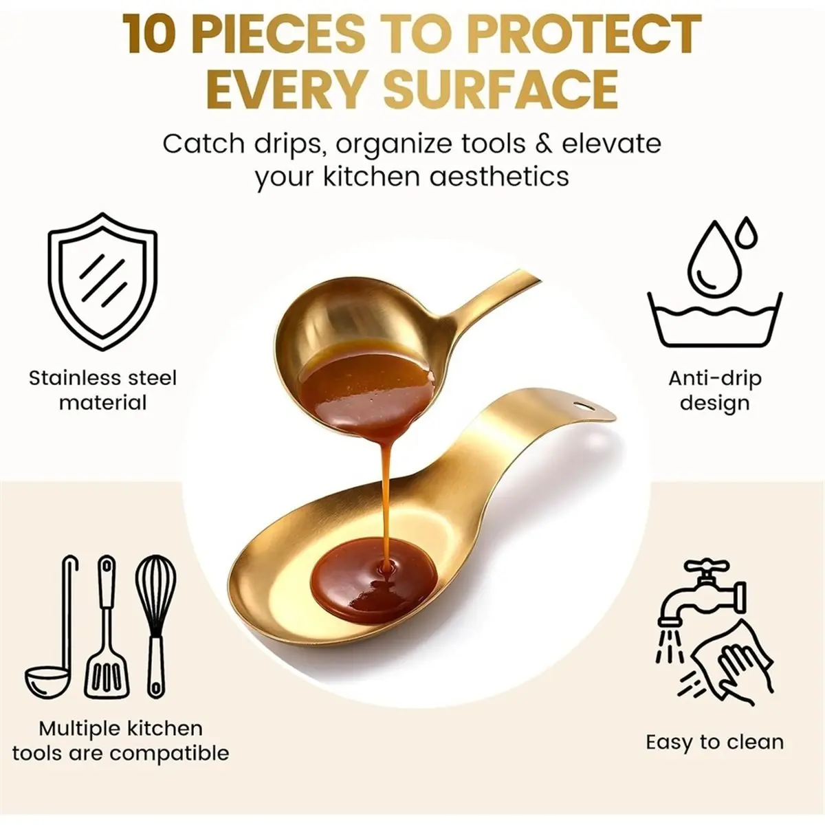 10 pièces, repose-cuillères dorés, grand porte-cuillères en acier inoxydable, support pour cuillères de service, idéal pour les buffets, la cuisine et les plans de travail.