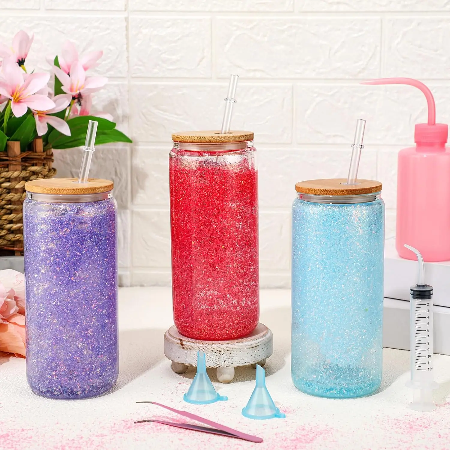 Glitter Snow Globe DIY kit, Contains Plastic Squeeze Bottle Small Funnel Tweezers Bent Syringe for Cup Making Supplies view 6