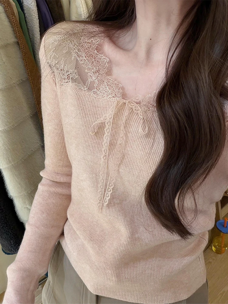 

Розовый кружевной вязаный свитер с V-образным вырезом, женский зимний модный уникальный красивый базовый слой, топ, приятный для кожи, дышащий, длинный ...