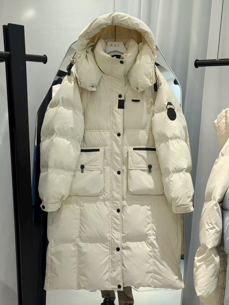 2022 Winter Neue Daunenjacke Mitte bis Lange Über Knie Verdickte Kapuze Mode Arbeitskleidung Parker Paar Weiße Ente Daunenjacke