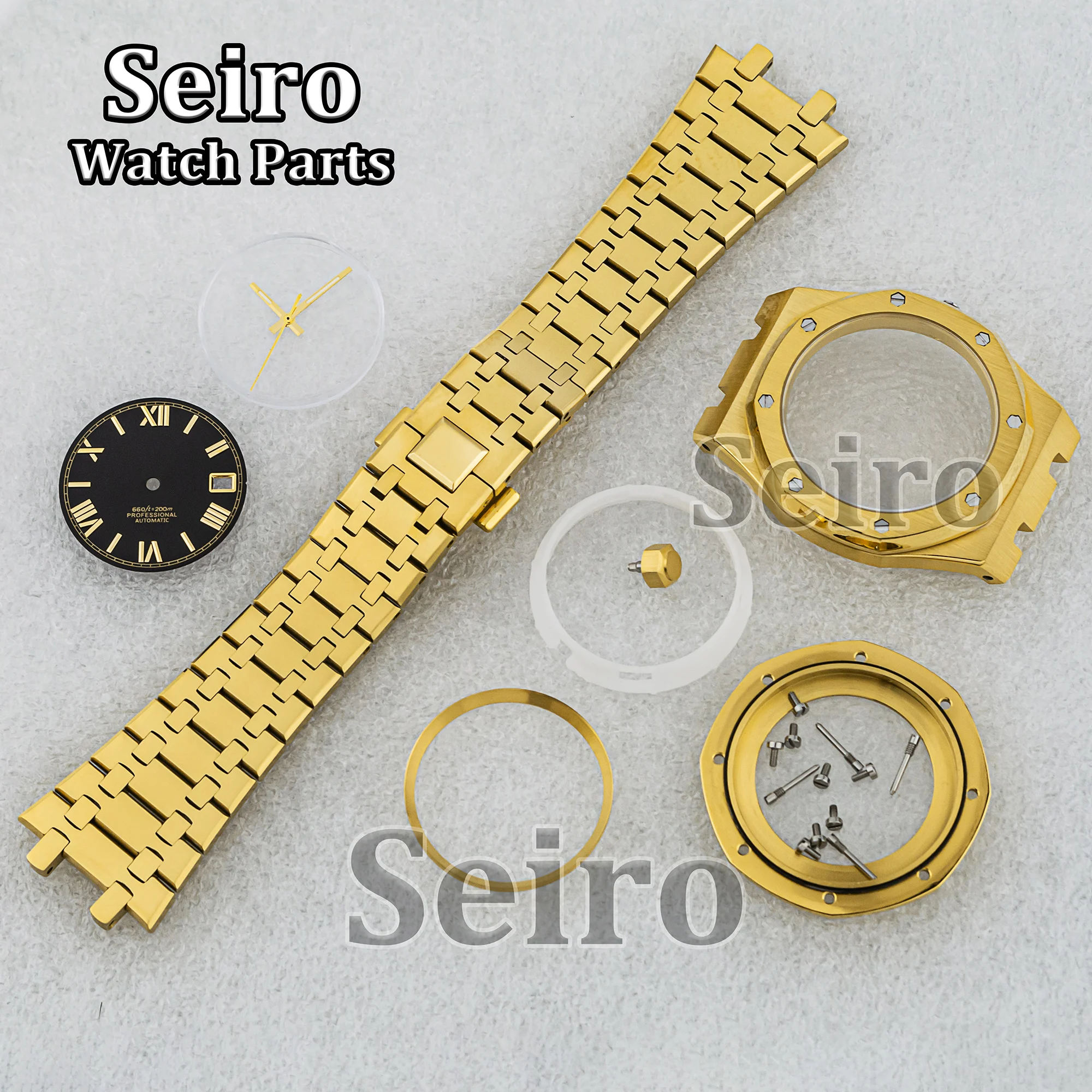 

Gold 42mm Luxury Men Octagonal Watch Cases Bracelets Parts Sapphire Glass For Oak nh35 nh36 Movement 28.5mm Roma Numbers Dial